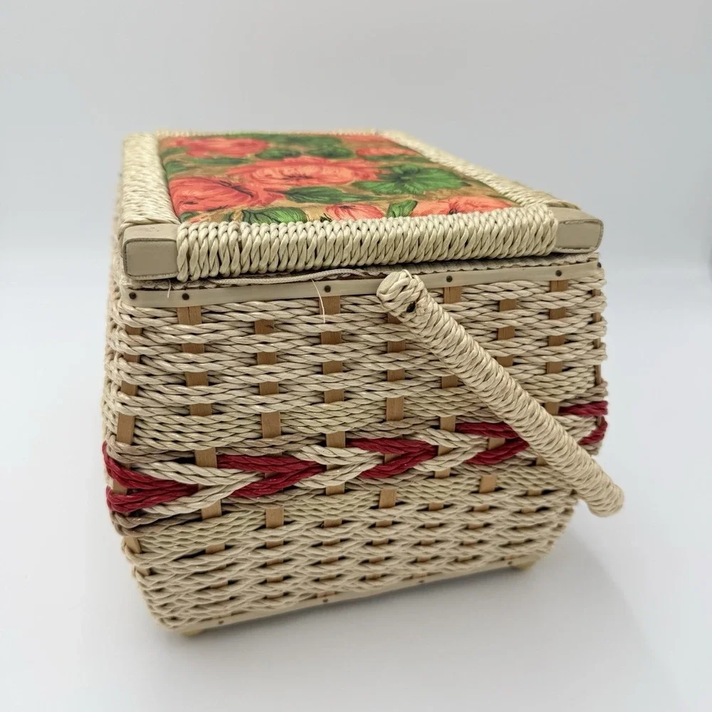 Vintage Singer Sewing Box Wicker Basket Floral Tapestry Lid Satin Lined No Tray